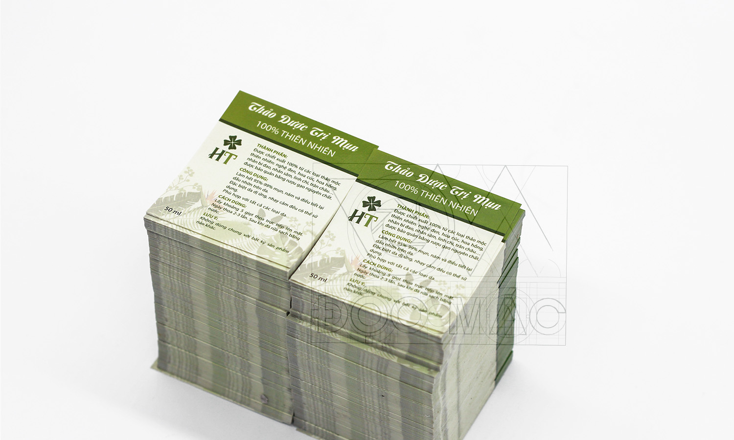 Sản phẩm tem và hộp giấy nhận diện thương hiệu trị mụn thảo dược HT